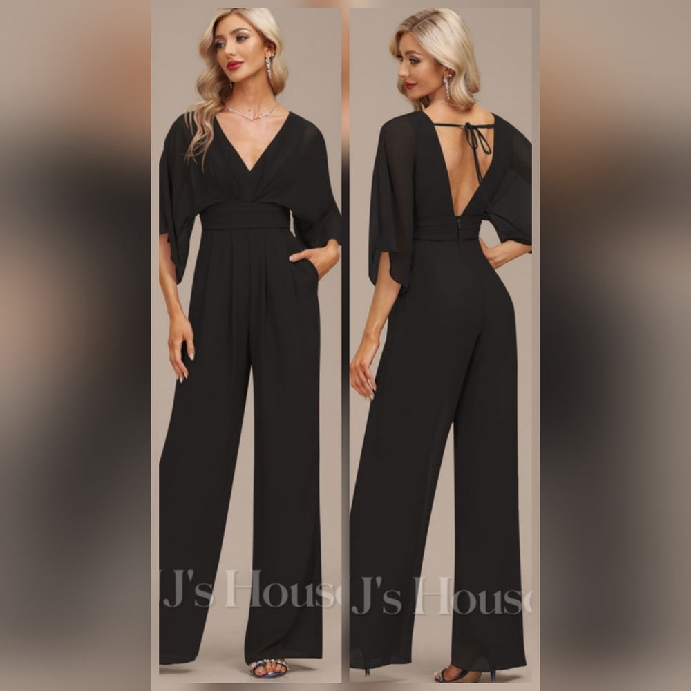 NWT‎ JJs House Black Chiffon V- Neck Floor Length Jumpsuit - Size 12